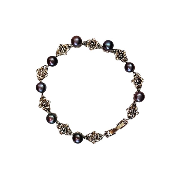 Silver Flower Tahitian Pearl Bracelet 7.5"L New - Picture 2 of 7